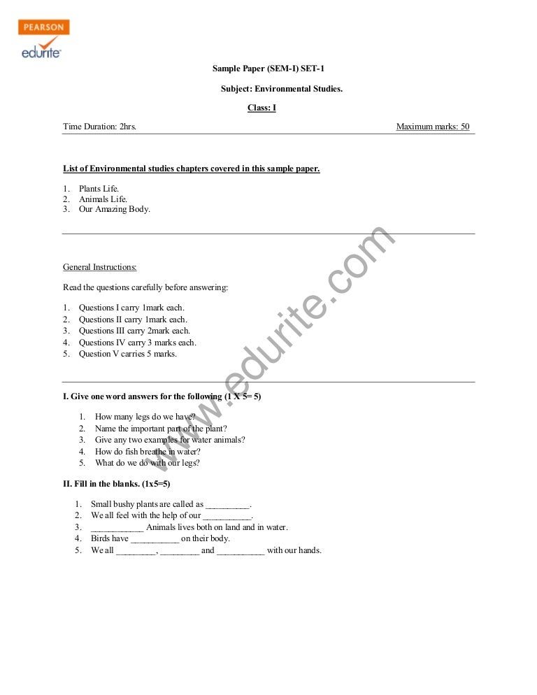 Class 1 CBSE EVS Sample Paper Term 1 Model 1