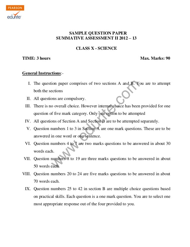Class 10 Cbse Science Sample Paper Term 2 201213 Model 2