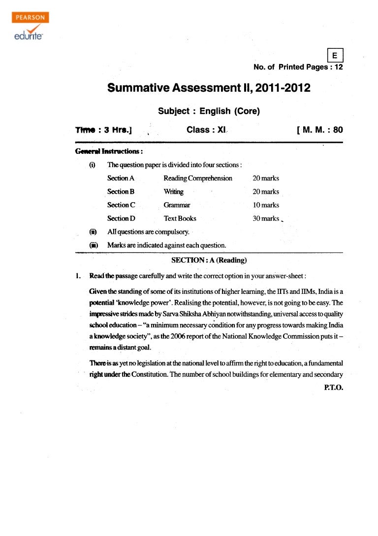 Class 11 cbse English Core Question Paper Term 2 201112