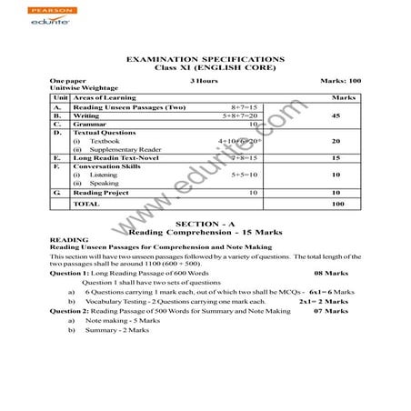 Class 11 Cbse English Core Syllabus 2012-13