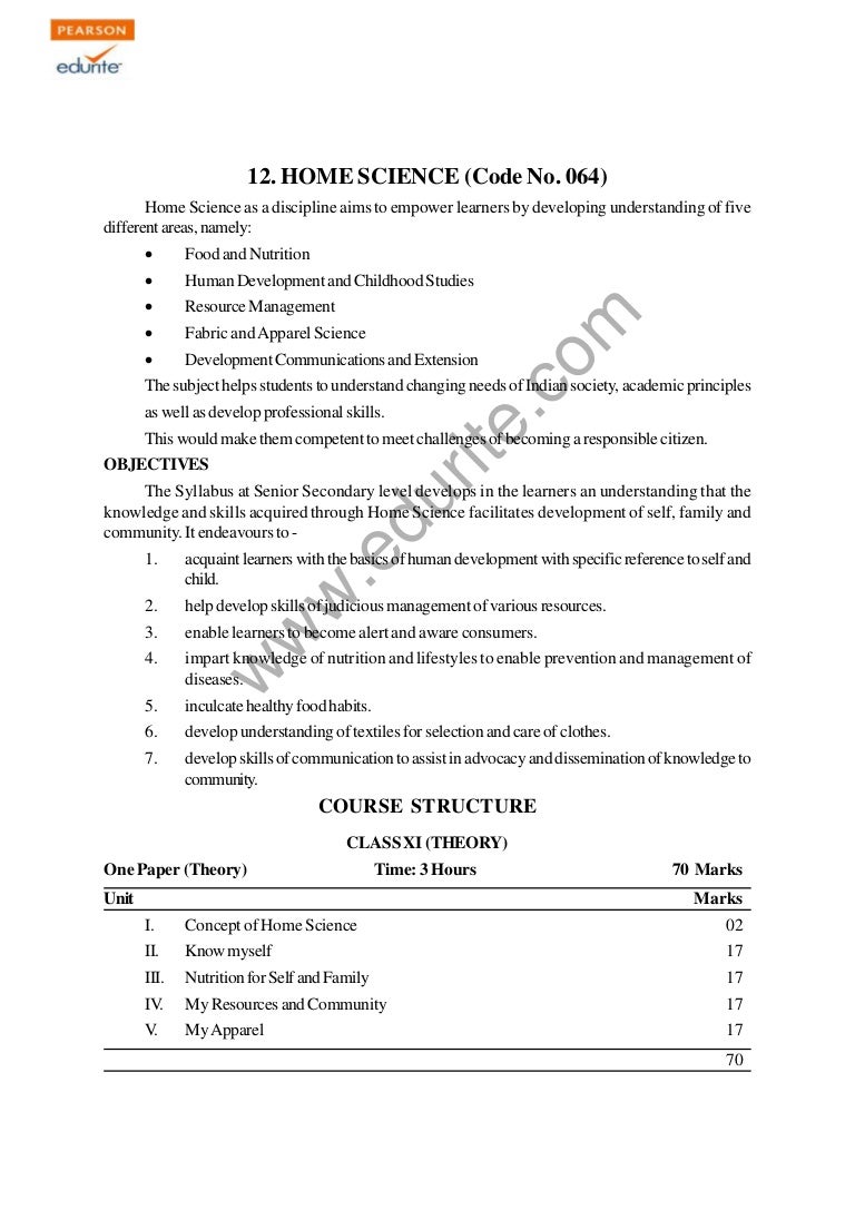 Class 11 Cbse Home Science Syllabus 2011-2012
