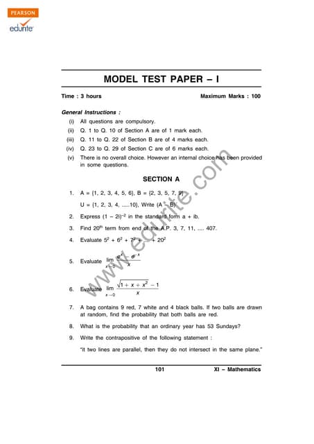 Class 11 Cbse Maths Sample Paper 2012