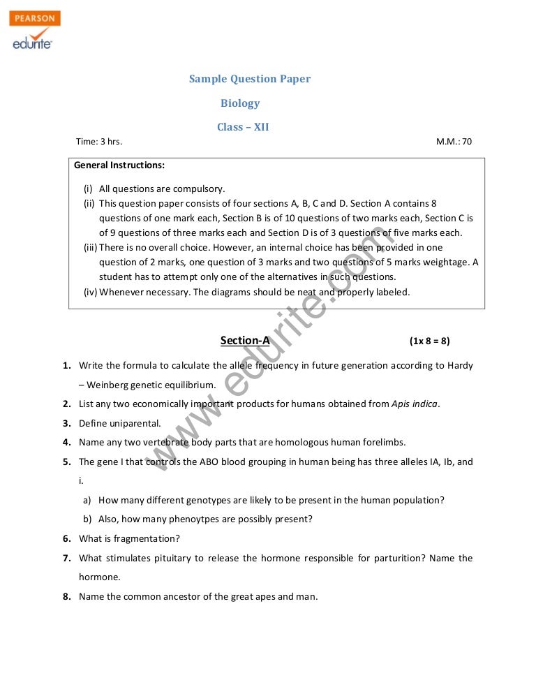 Class 12 cbse biology sample paper model 2