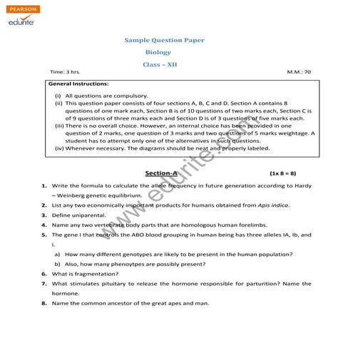 Class 12 Cbse Biology Sample Paper Model 2 | PDF