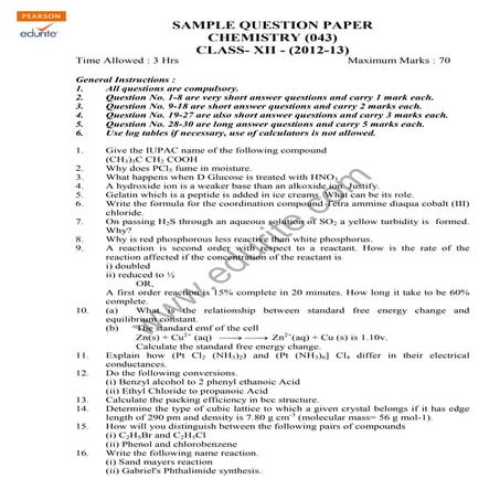 Class 12 Cbse Chemistry Sample Paper 2013