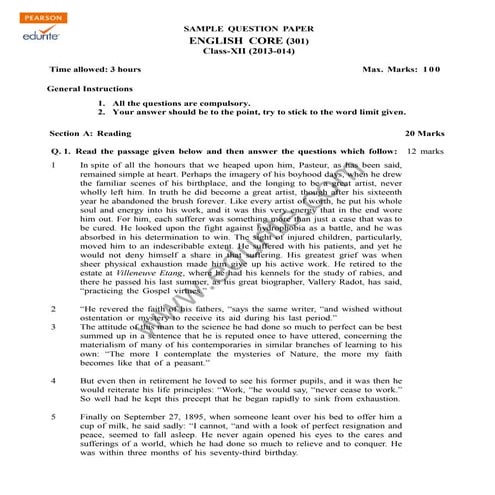 Class 12 Cbse English Core Sample Paper 2013-14 | PDF