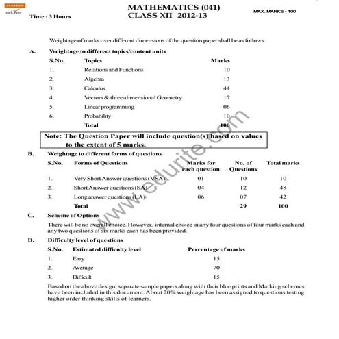 Cbse Class 12 Maths Sample Paper 2012-13