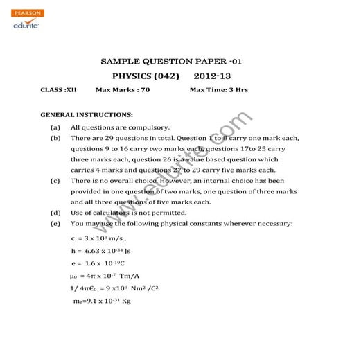 Class 12 Cbse Physics Sample Paper 2013 Model 2
