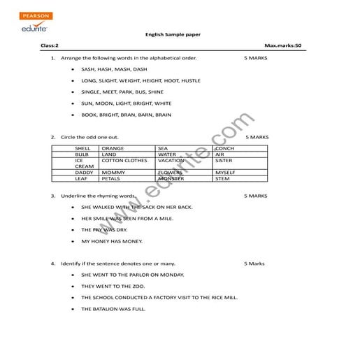 Class 2 CBSE English Sample Paper Model 1