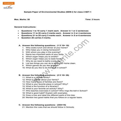Class 2 CBSE EVS Sample Paper Term 1 Model 1