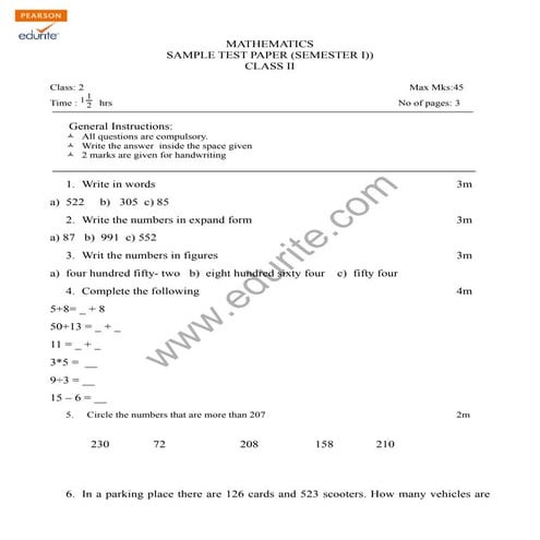 Class 2 CBSE Maths Sample Paper Term 1 Model 1