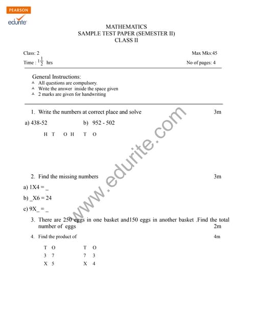 Class 2 Cbse Maths Sample Paper Term 1 Model 1 Pdf