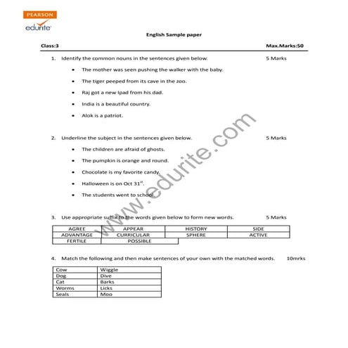 Class 3 CBSE English Sample Paper Model 3 | PDF
