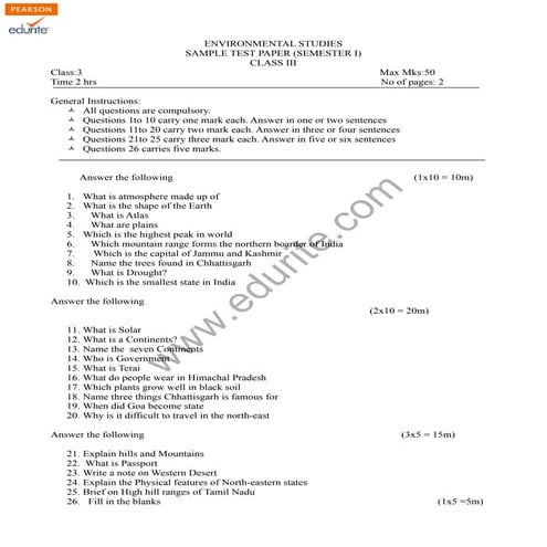 Class 3 CBSE Environmental Studies Sample Paper Term 1 Model 2