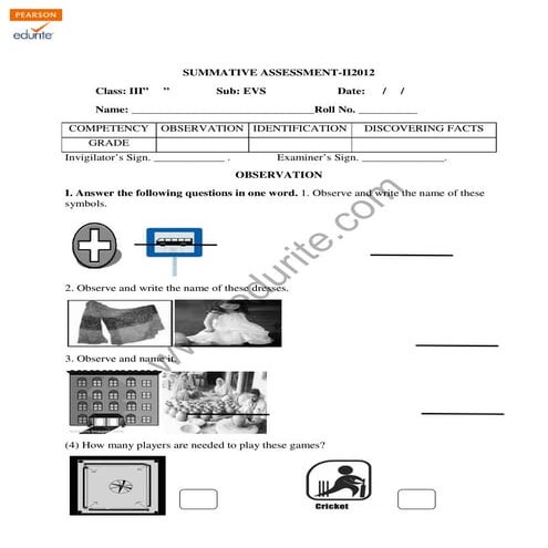 Class 3 CBSE EVS Question Paper Term 2 2012