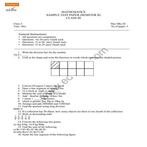 Class 3 CBSE Maths Sample Paper Term 2 Model 1