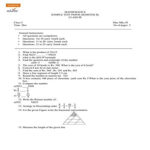 Class 3 CBSE Maths Sample Paper Term 2 Model 3
