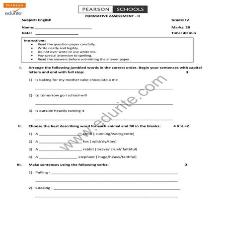 Class 4 Cbse English Question Paper FA 2