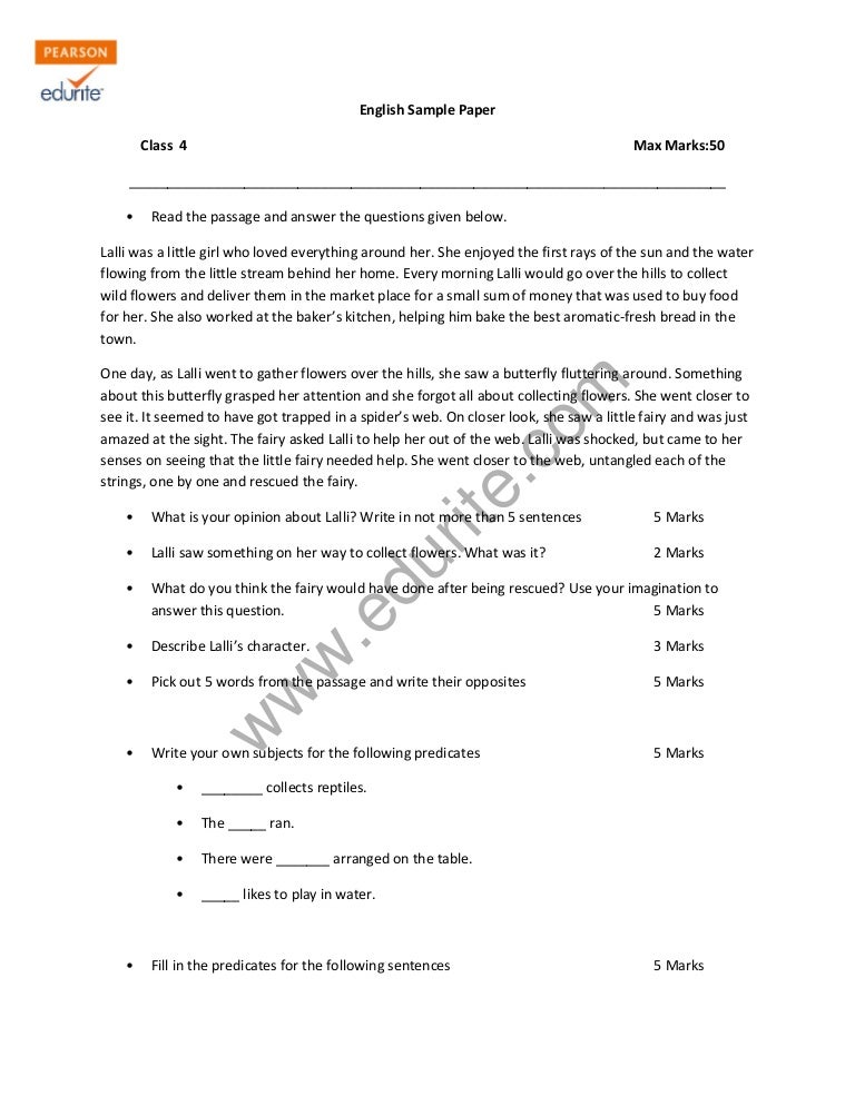 Class 4 Cbse English Sample Paper Model 1