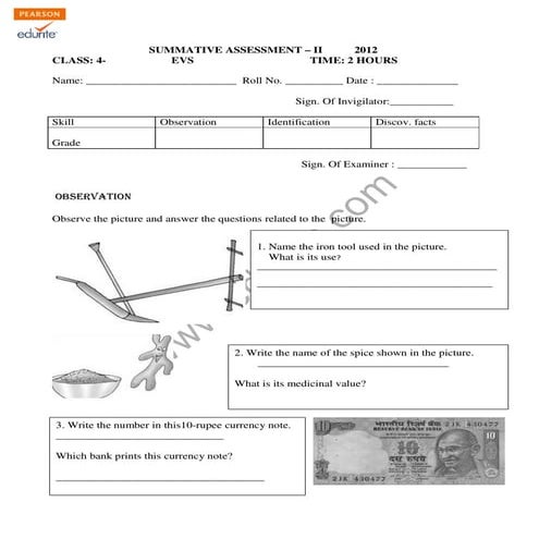 Class 4 Cbse EVS Question Paper Term 2 2012