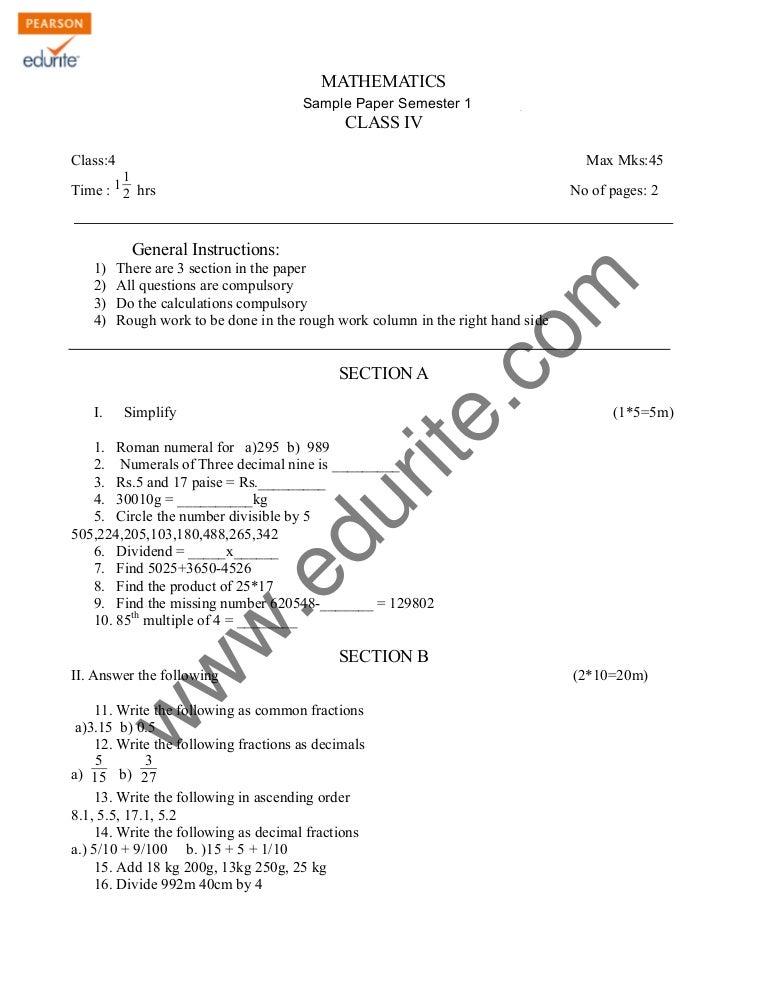 Maths test paper for class 4 cbse image