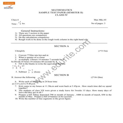 Class 4 Cbse Maths Sample Paper Term 2 Model 2