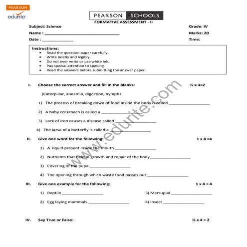 Class 4 Cbse Science Question Paper FA 2