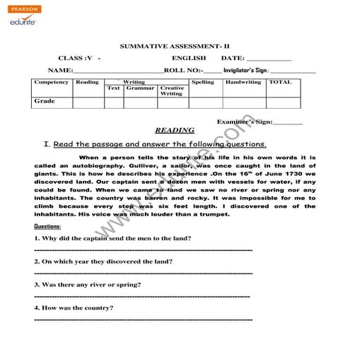 Class 5 Cbse English Question Paper Term 2