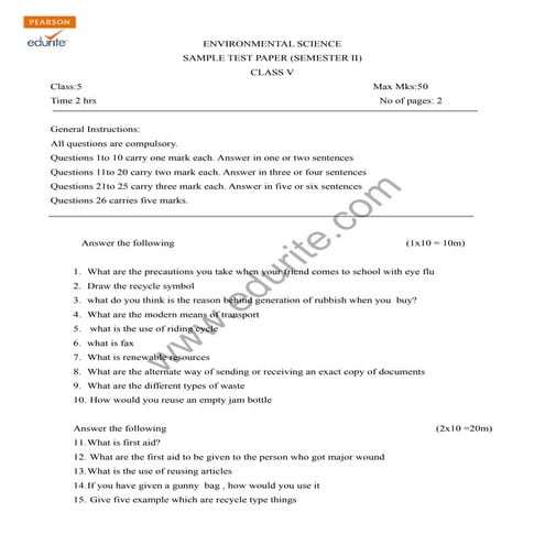 Class 5 Cbse EVS Sample Paper Term 2 Model 1