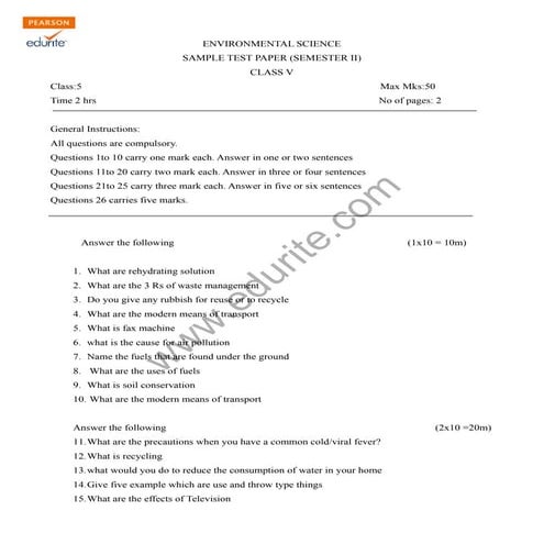Class 5 Cbse EVS Sample Paper Term 2 Model 2