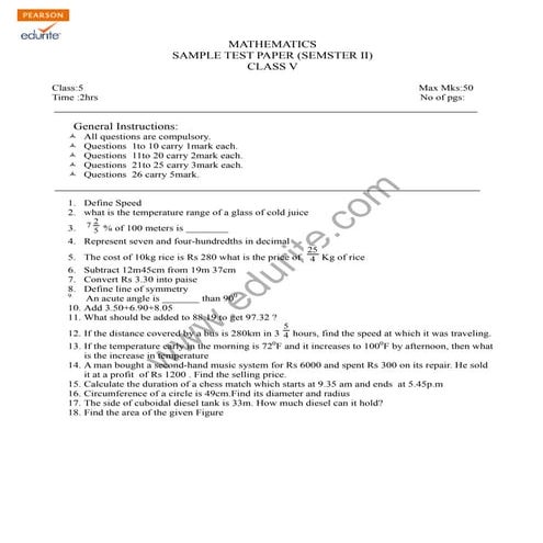 Class 5 Cbse Maths Sample Paper Term 2 Model 1 | PDF