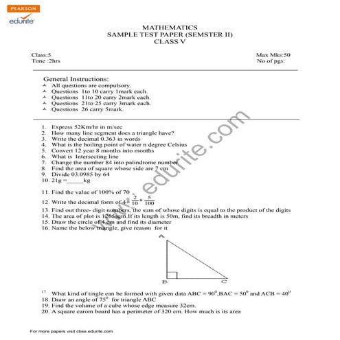 Cbse Class 5 Maths Sample Paper Term 2 Model 2