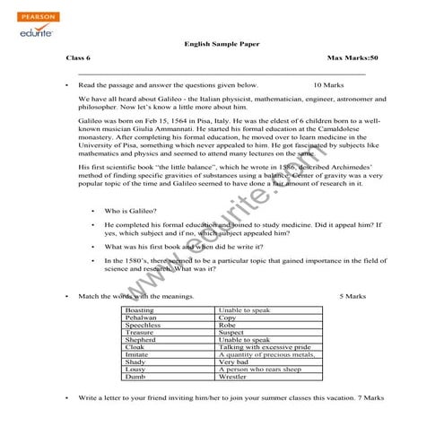 Class 6 Cbse English Sample Paper Model 2