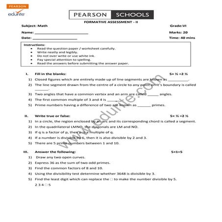 Class 6 Cbse Maths Question Paper FA 2
