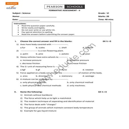 Class 6 Cbse Science Question Paper FA 2