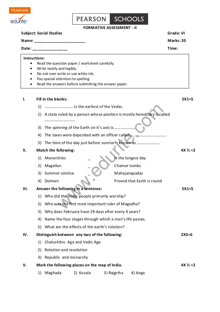 class 6 cbse social studies question paper fa 2