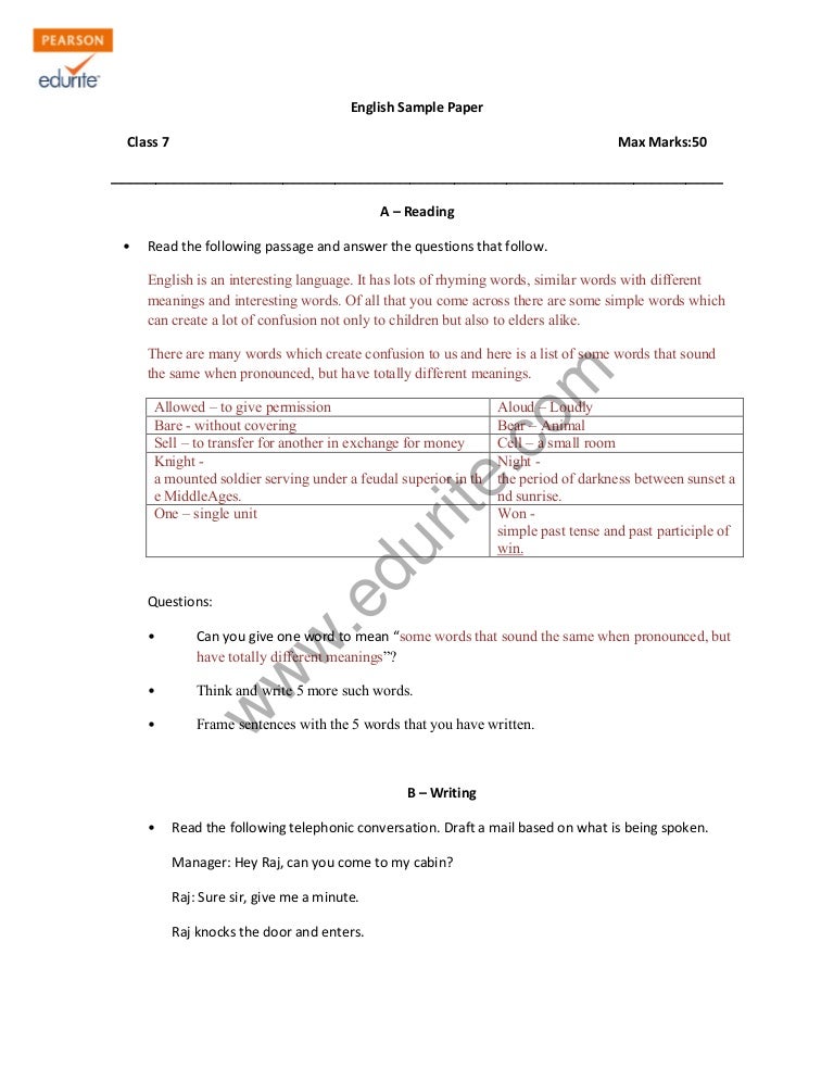 Class 7 Cbse English Sample Paper Model 2 Vrogue