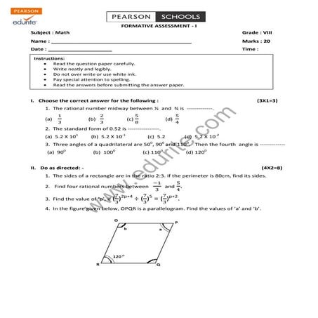 Class 8 Cbse Maths Question Paper FA 1