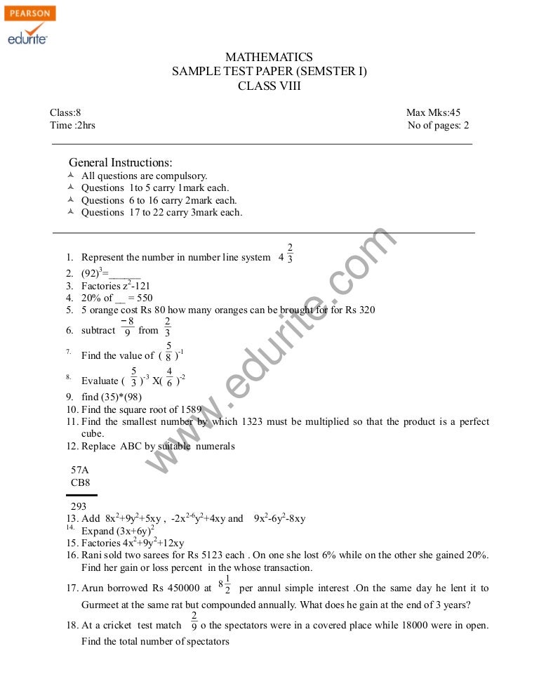 Class 8 Cbse Maths Sample Paper Term 1 Model 2