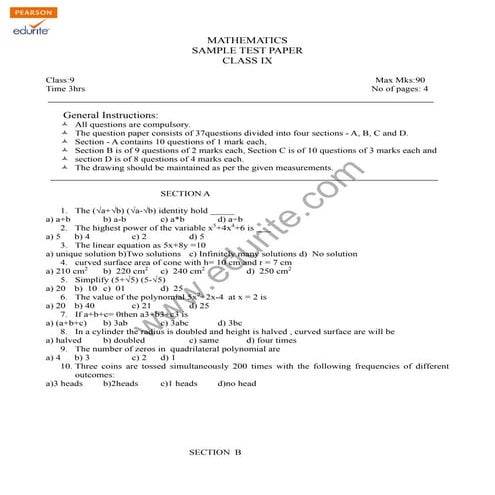 Class 9 Cbse Maths Sample Paper Model 1