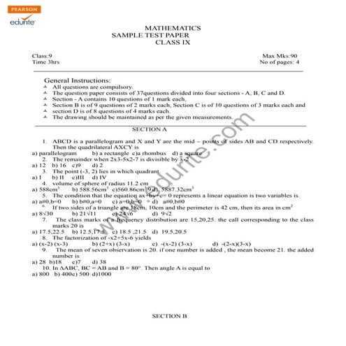 Class 9 Cbse Maths Sample Paper Model 3