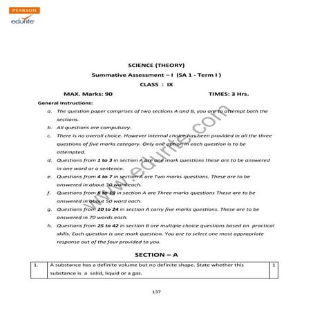 Class 9 Cbse Science Sample Paper Term 1 2011-12 Model 2 | PDF