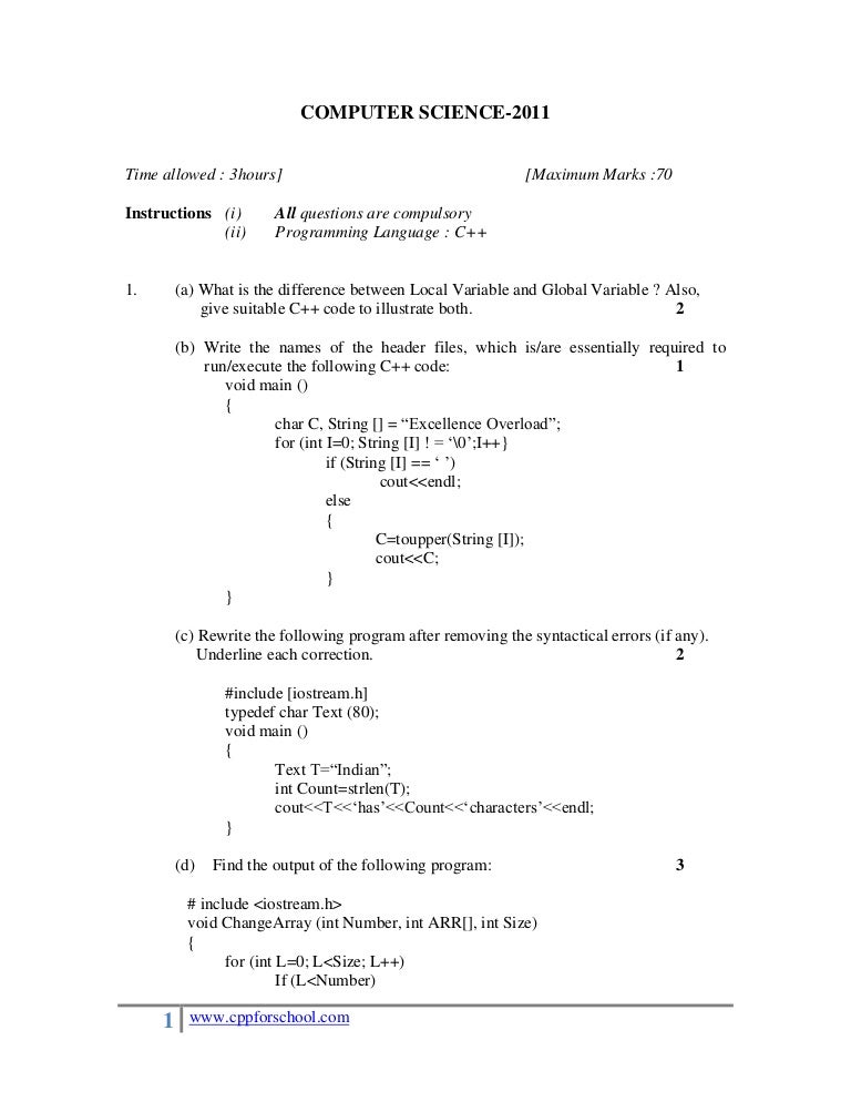 CBSE Question Paper Computer Science with C++ 2011