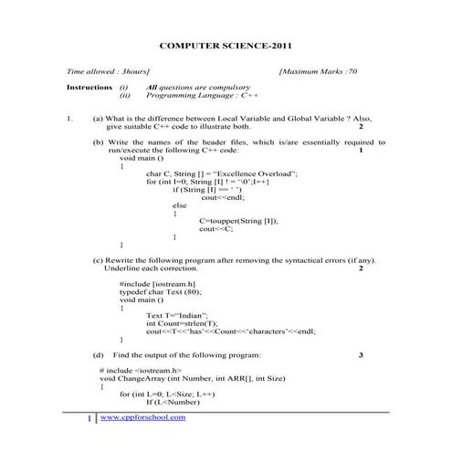 CBSE Question Paper Computer Science with C++ 2011 | PDF