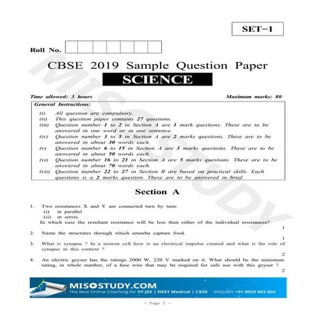 CBSE10th Science Sample Question Paper 2019