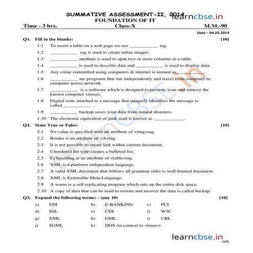 Cbse class 10 computer science sample paper sa2 2014