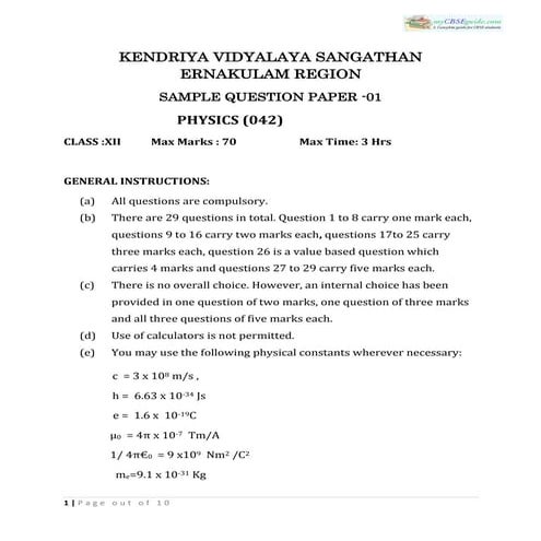 Cbse class 12 physics sample paper 02 (for 2014) | PDF