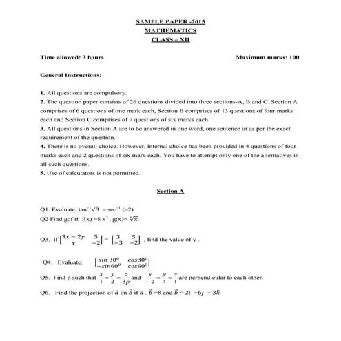 CBSE Mathematics sample question paper with marking scheme