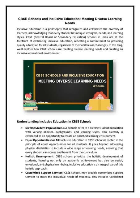 Inclusive Education Catering to Diverse Needs in CBSE Schools | PDF