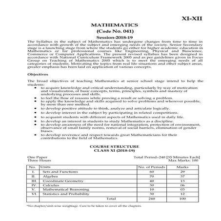 CBSE Syllabus for Class 12th Mathematics 2018- 19 | PDF
